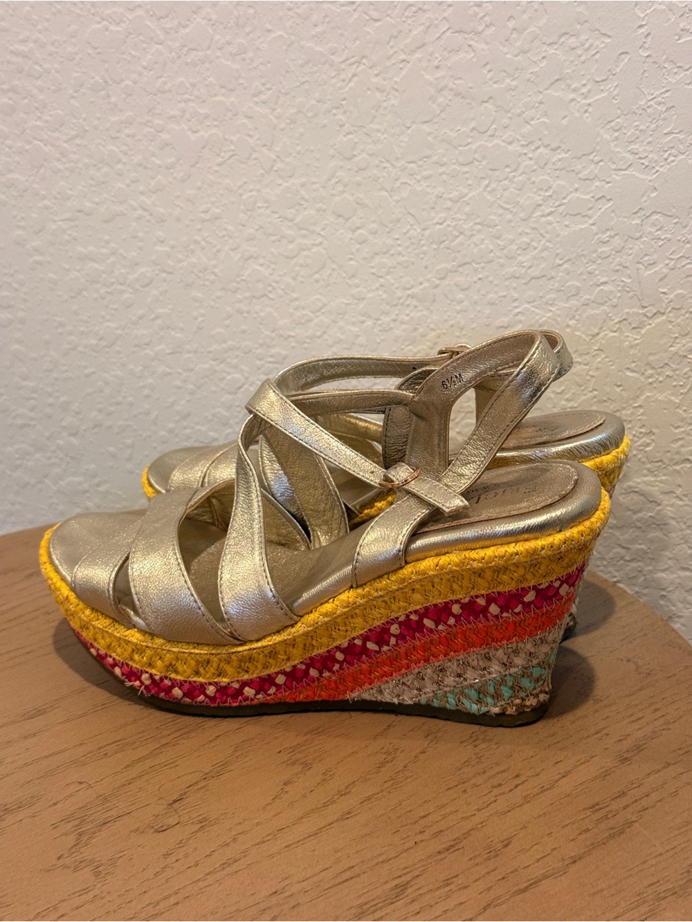 Eric Javits Metallic Gold Strappy Wedge Sandals with Colorful Espadrille Heel